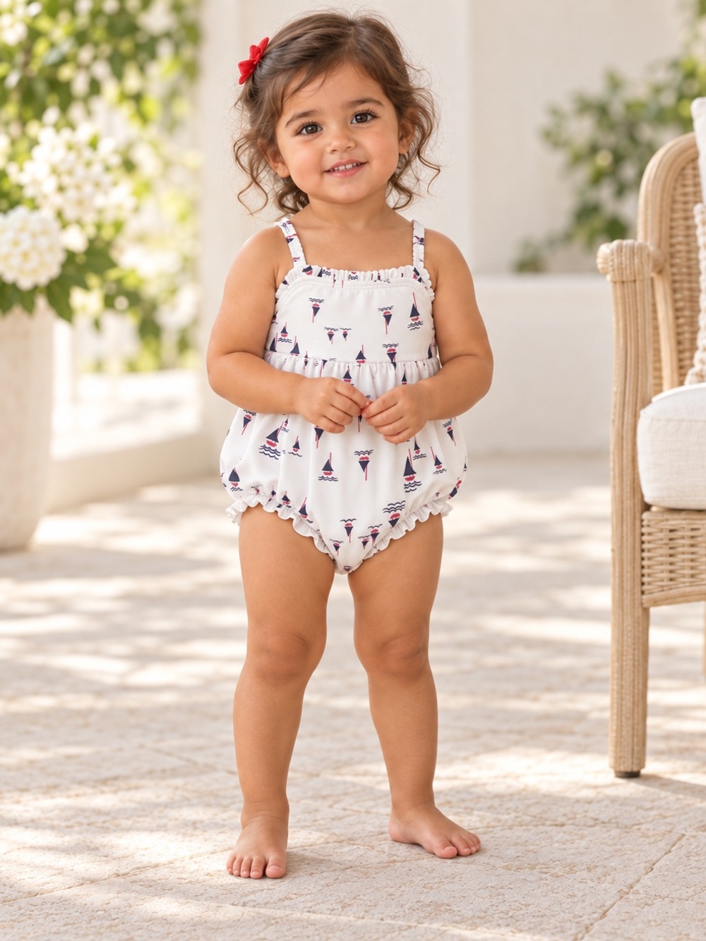 White Sailboat Print Baby Romper Swimwear